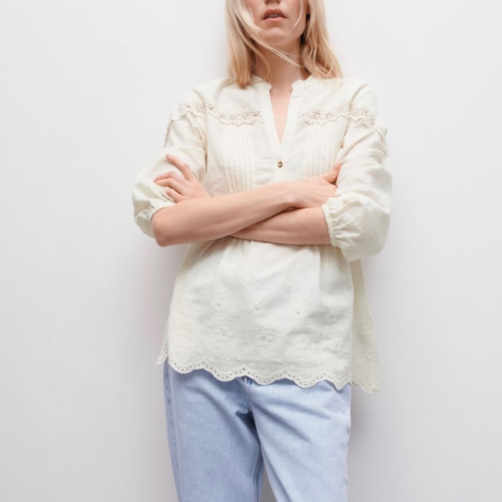 Zara embroidered linen blend blouse/ shirt